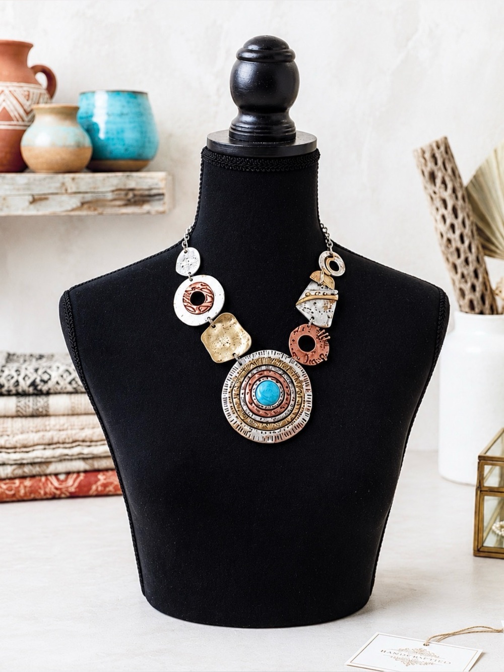 Artistic Abstract Gold, Silver, and Brass tones w/Bold Faux Turquoise Stone
